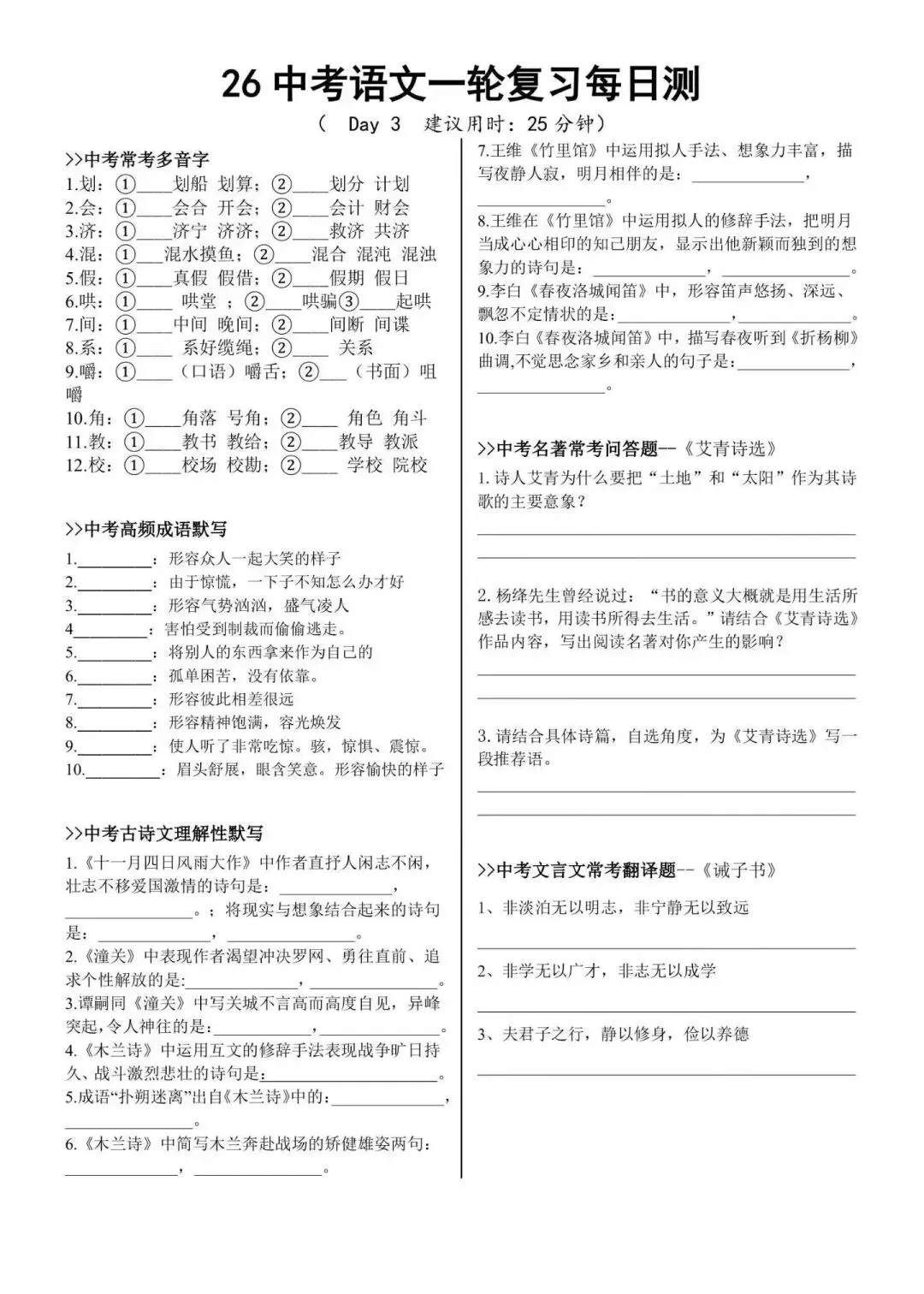 中考必备 一轮语文复习每日测 巩固基础提升实力电子文档可打印) 第3张