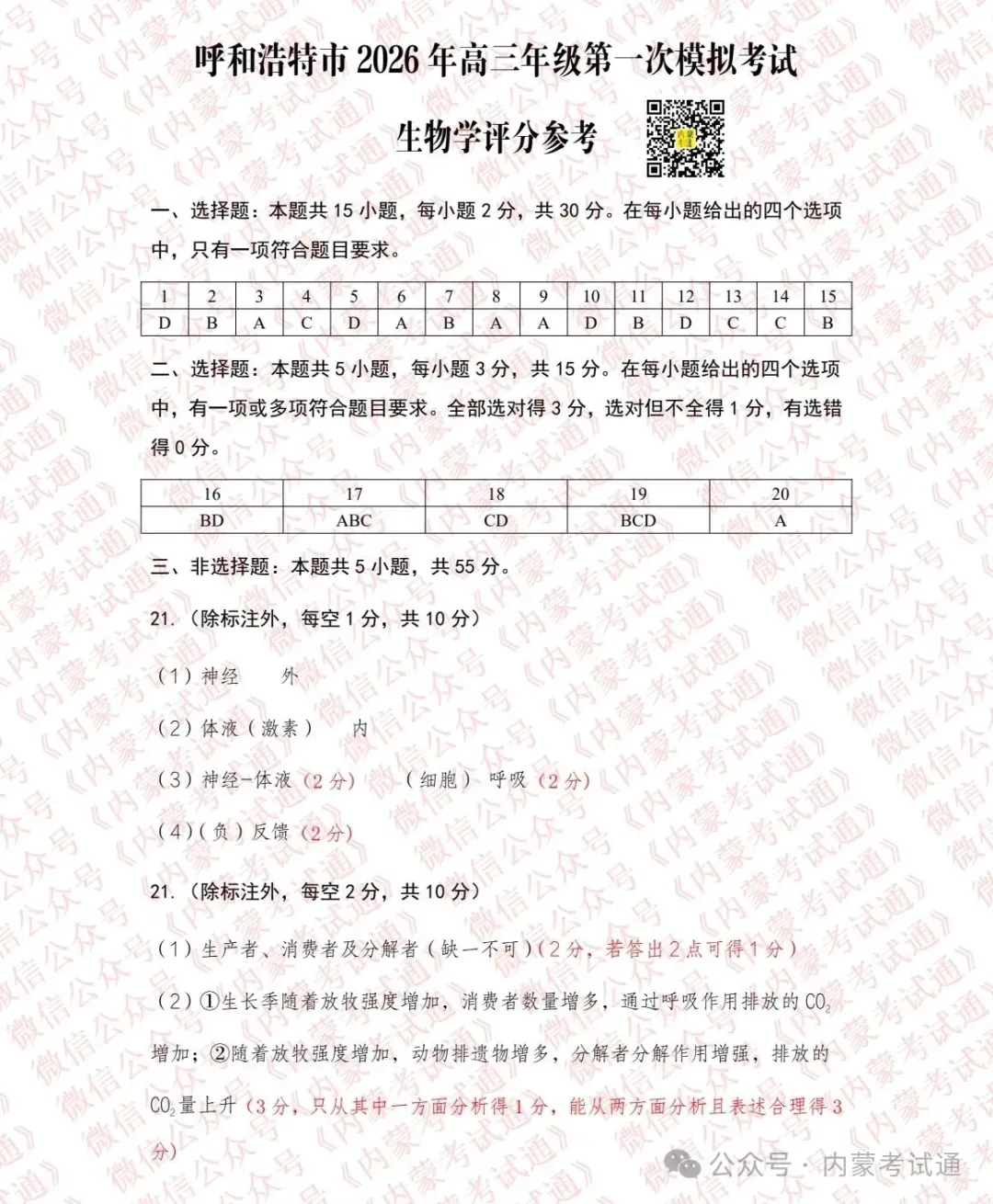 2026年内蒙古呼和浩特市高三一模试卷及答案【全套高清版】 第87张