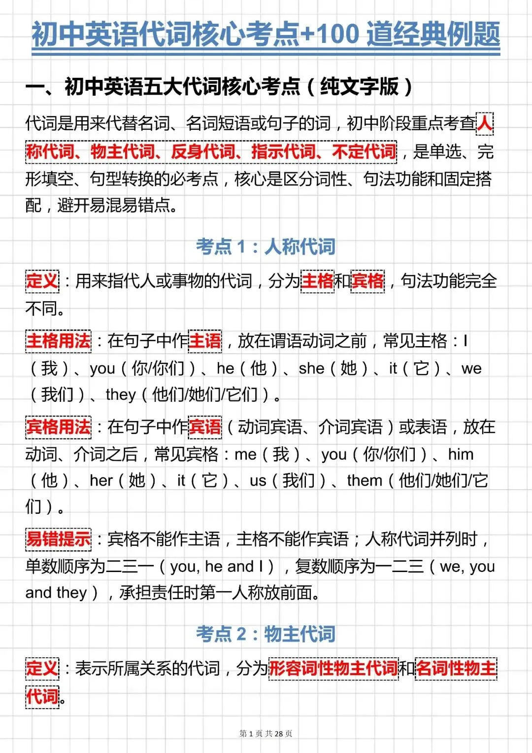 中考英语必背【初中英语代词核心考点 + 100 道经典例题】,可打印 快收藏 第1张