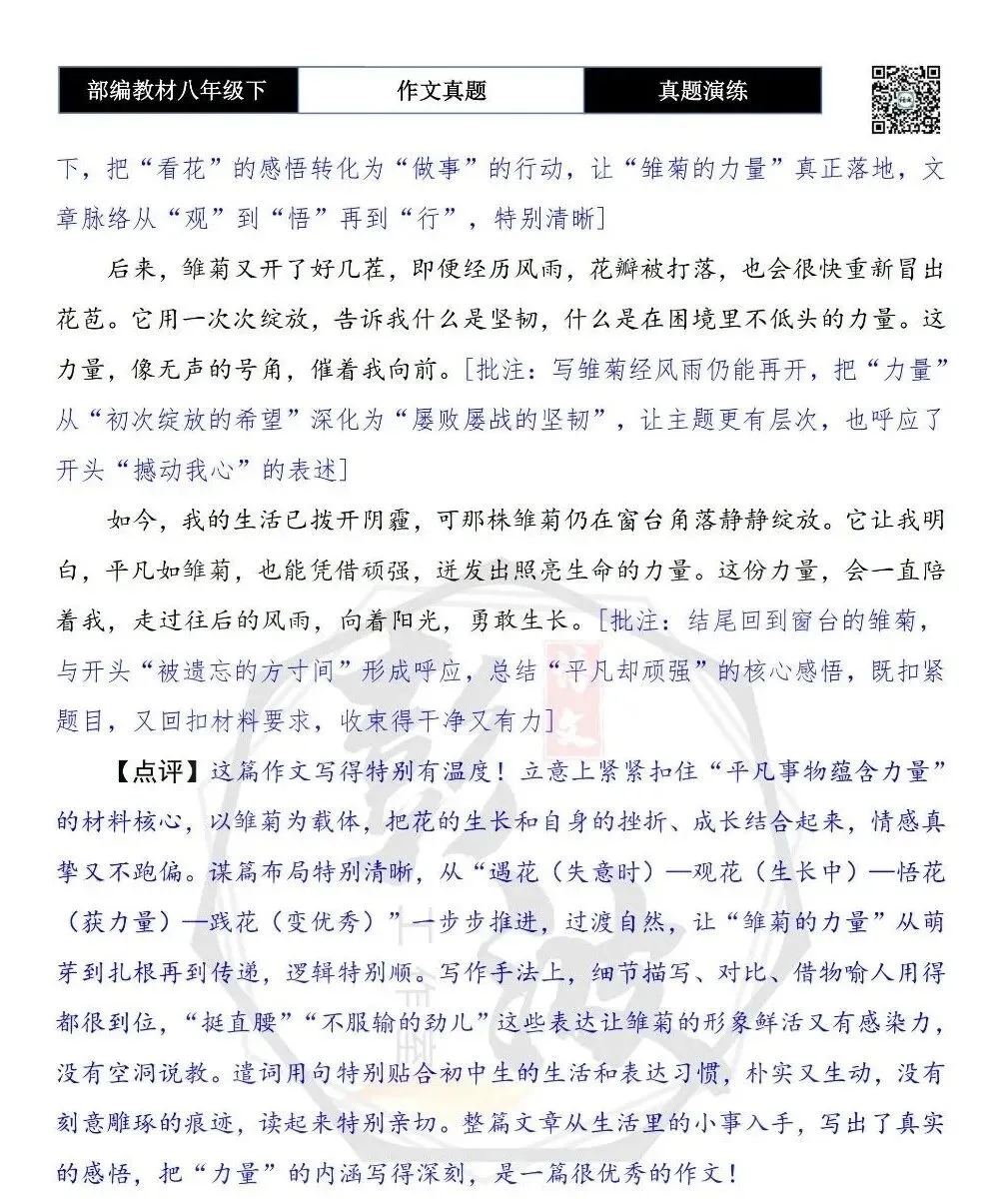 【作文-真题演练】八年级下-20-________的力量-思维导图+解析+范文批注指导 第9张