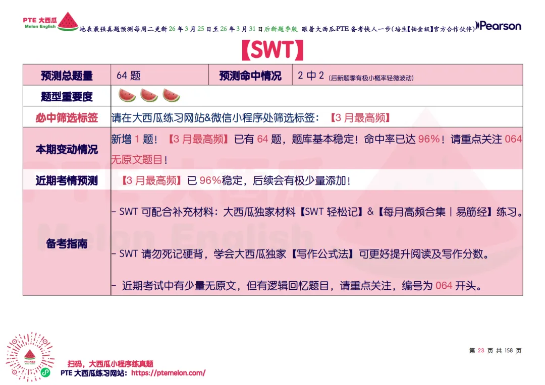 有波动!SWT新增!【PTE巨准真题预测】26年3月25日至3月31日|WFD再删2句,最高频仅剩157句,全网更准更精简! 第31张
