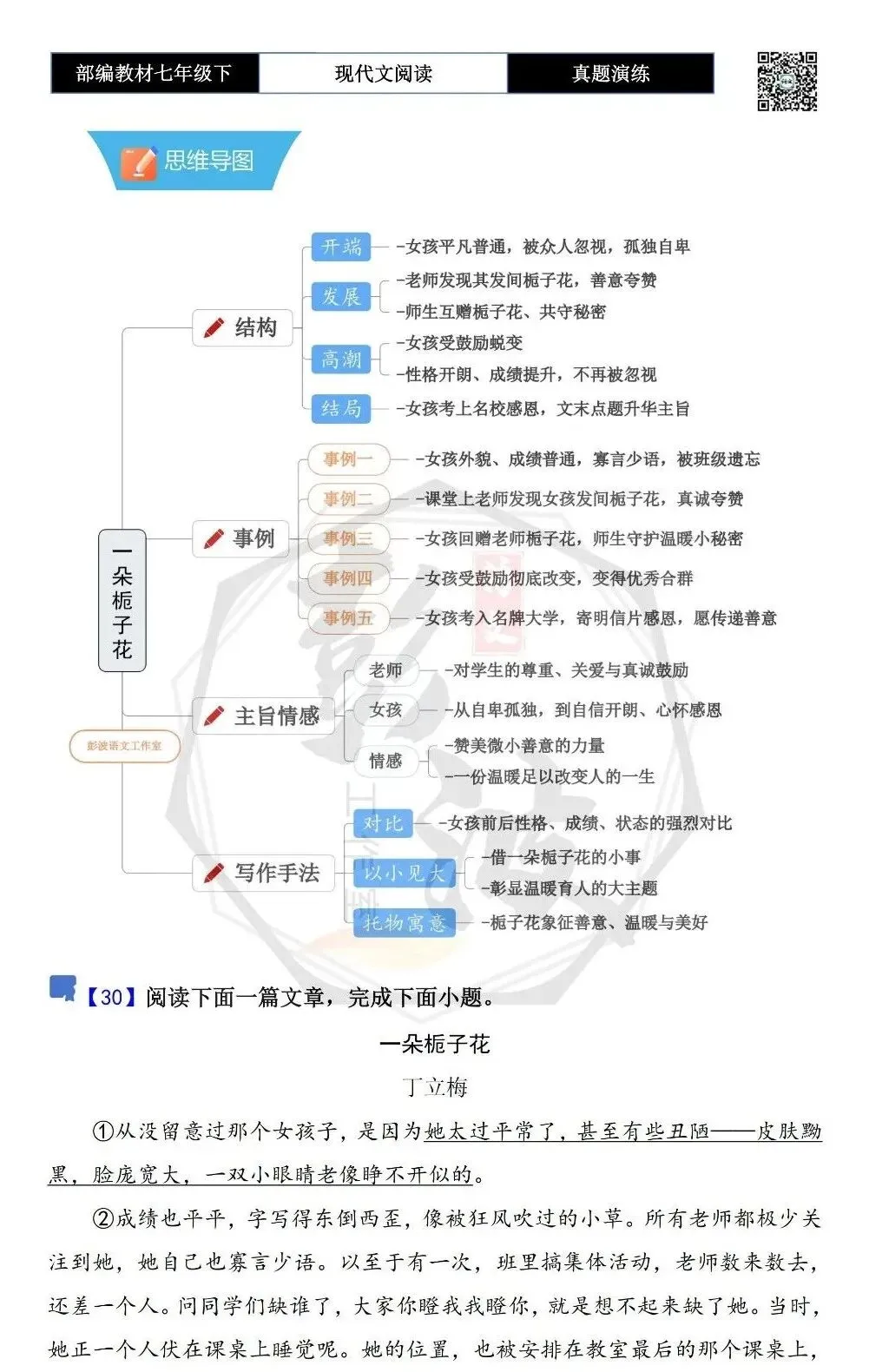 【现代文阅读-真题演练】七年级下-30-一朵栀子花-思维导图+试题精析 第5张