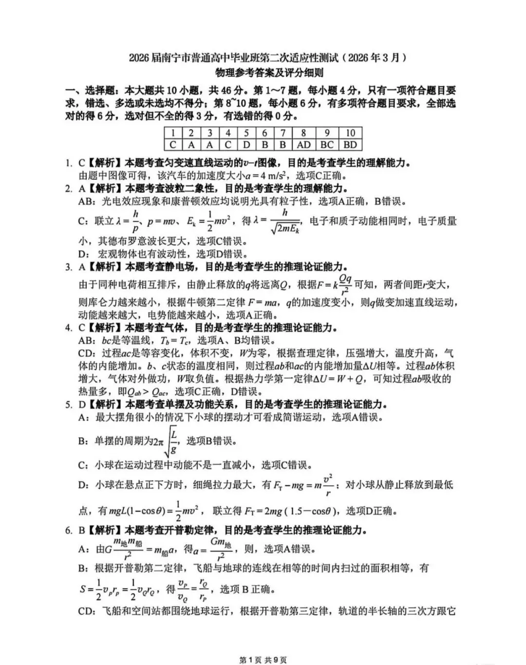 2026届南宁二模物理试卷+答案 第9张