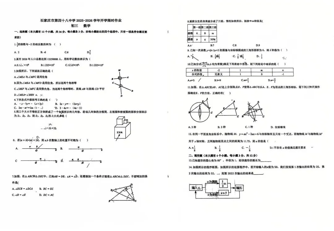 【模拟试卷领取】2026年中考石家庄48中模拟卷数学/化学/物理试卷 第2张