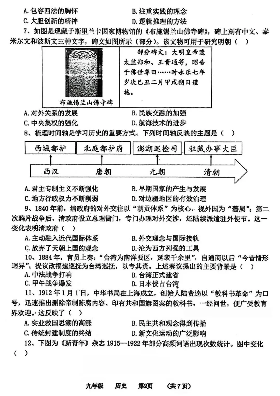2026年河南省实验中学中考一模历史试题及参考答案 第2张