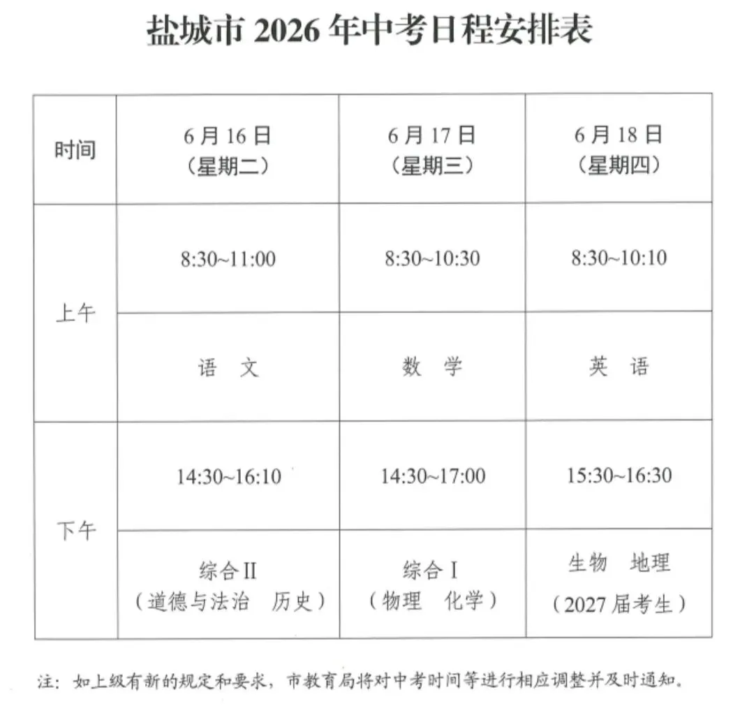2026年盐城中考日程确定 ! 第2张