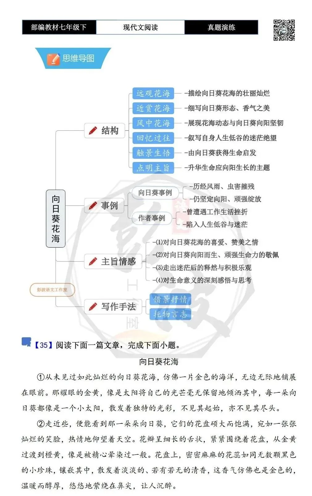 【现代文阅读-真题演练】七年级下-35-向日葵花海-思维导图+试题精析 第5张