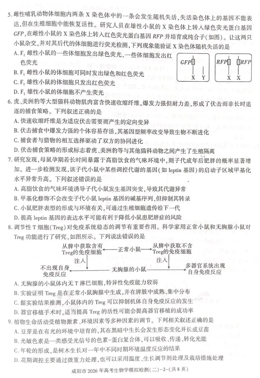 陕西咸阳市2026年高考模拟测试(二)生物学试题及解析(附word下载) ⊙ 第8张