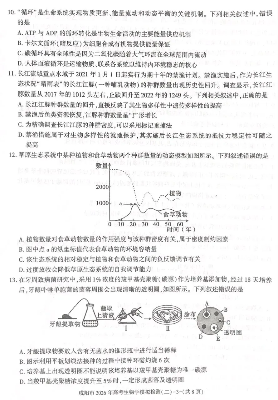 陕西咸阳市2026年高考模拟测试(二)生物学试题及解析(附word下载) ⊙ 第9张