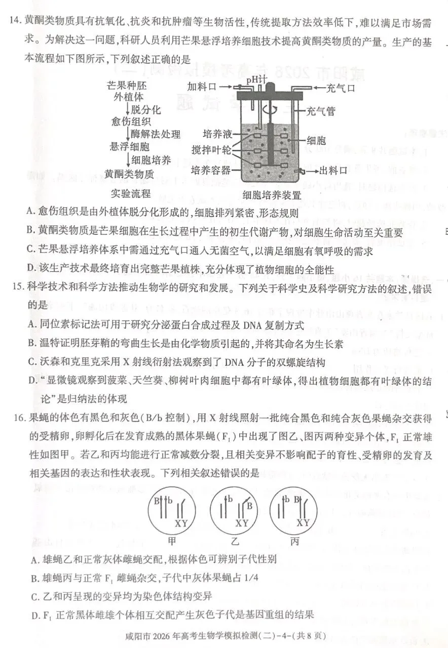 陕西咸阳市2026年高考模拟测试(二)生物学试题及解析(附word下载) ⊙ 第10张