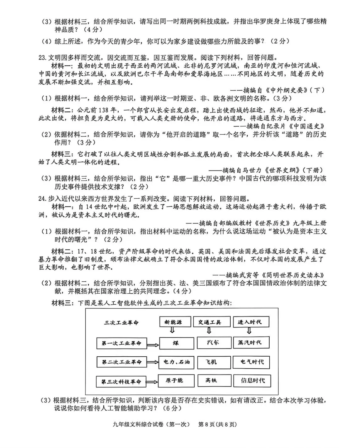 黔东南州九年级中考第一次模拟考试历史试卷-第4张图片-四季读书网