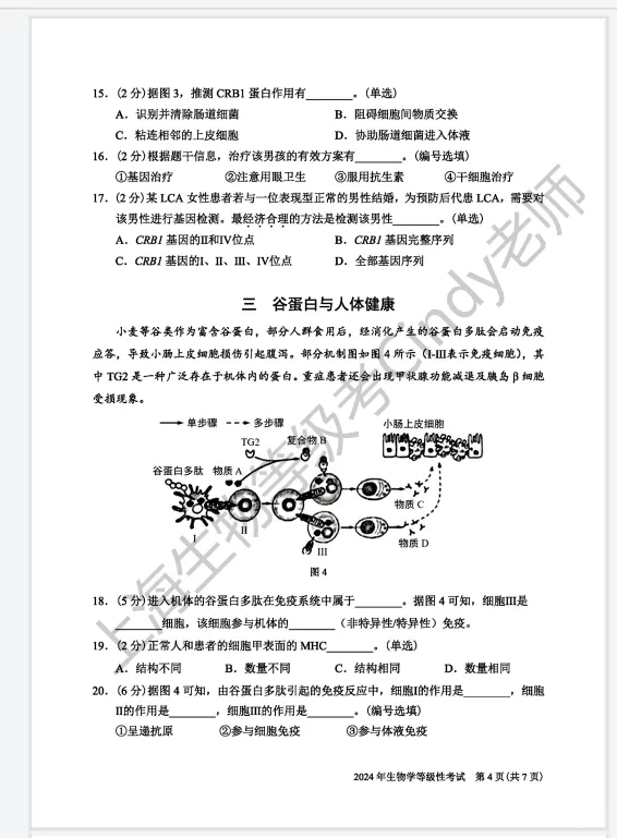 2024年上海市高中生物等级考真题及答案-第4张图片-四季读书网