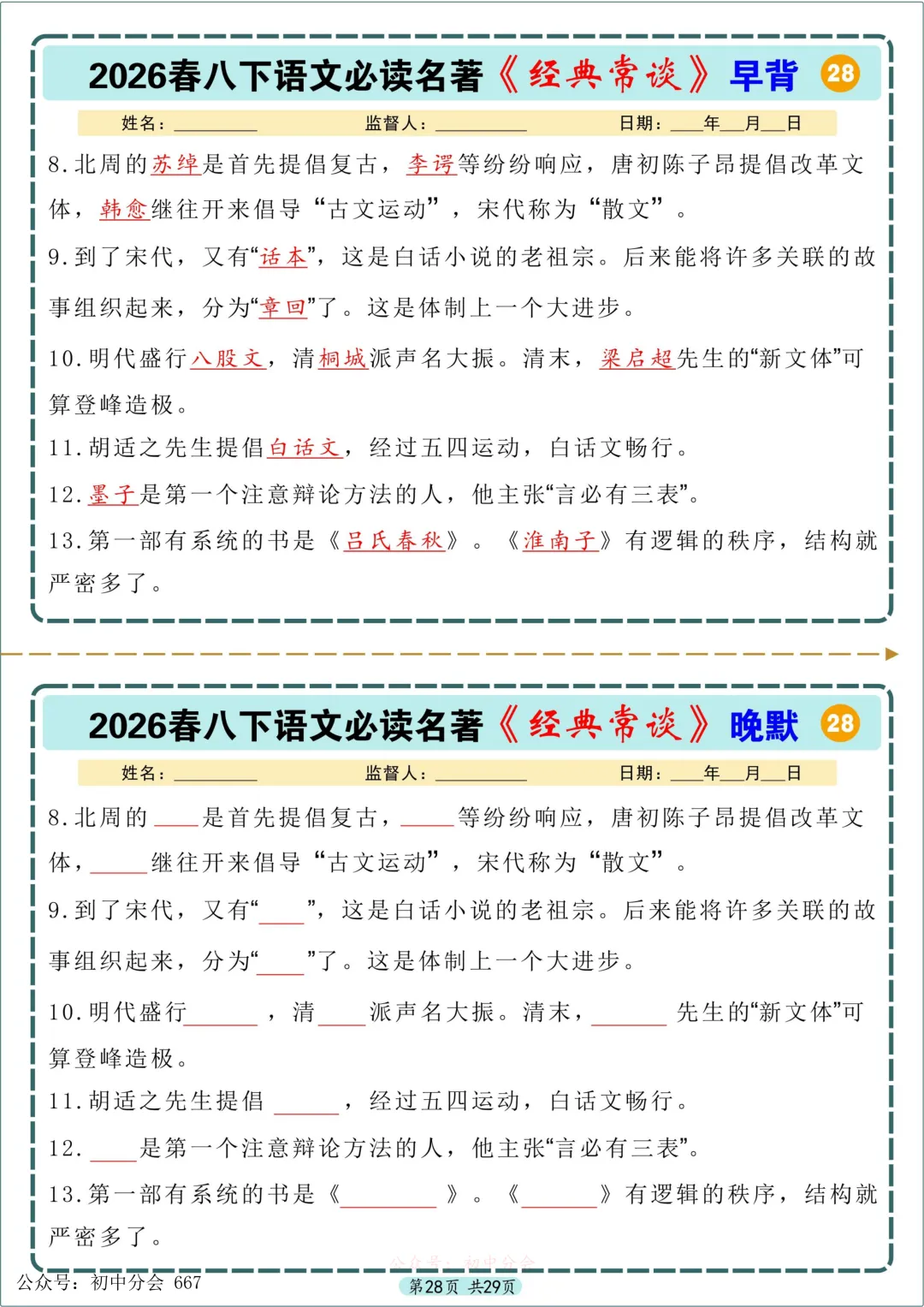 中考必读名著《经典常谈》早背晚默小纸条 第28张