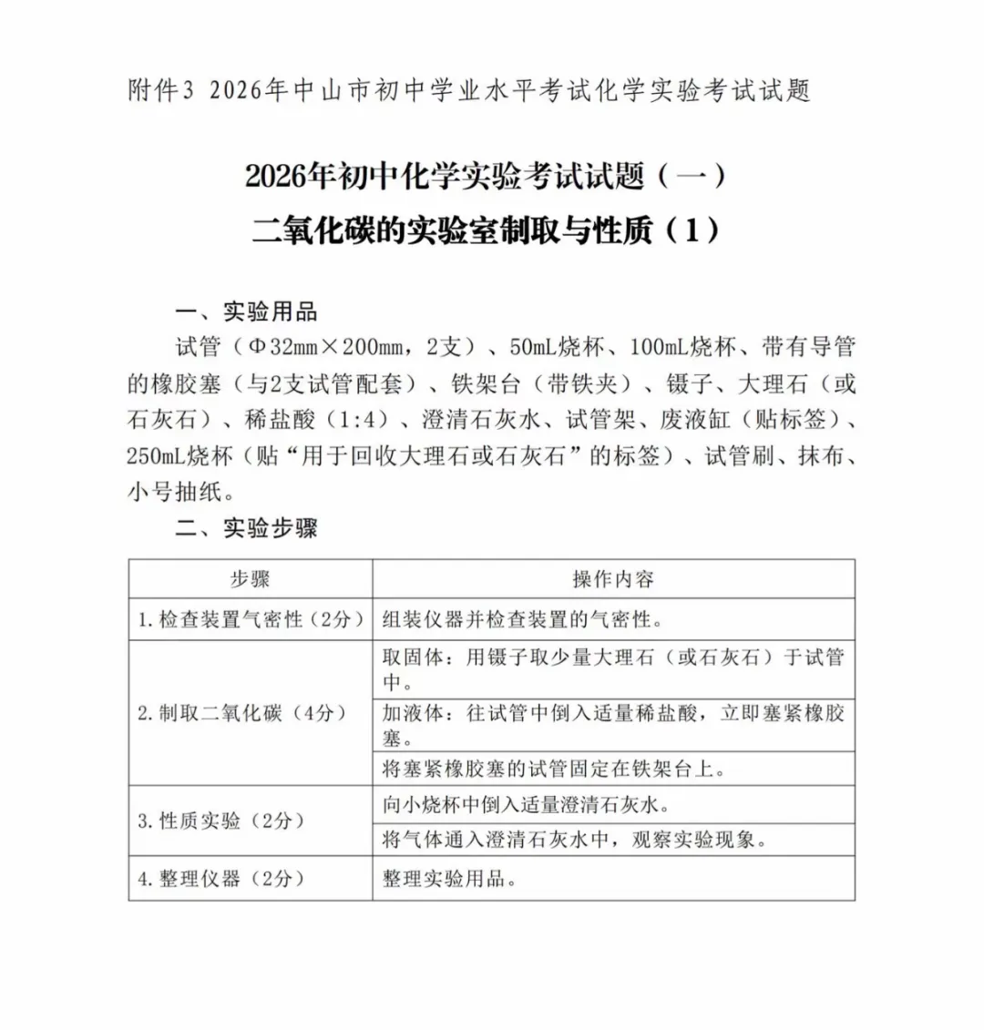 中山市2026年中考(体育及物化生实验操作)变化与评分标准-第23张图片-四季读书网