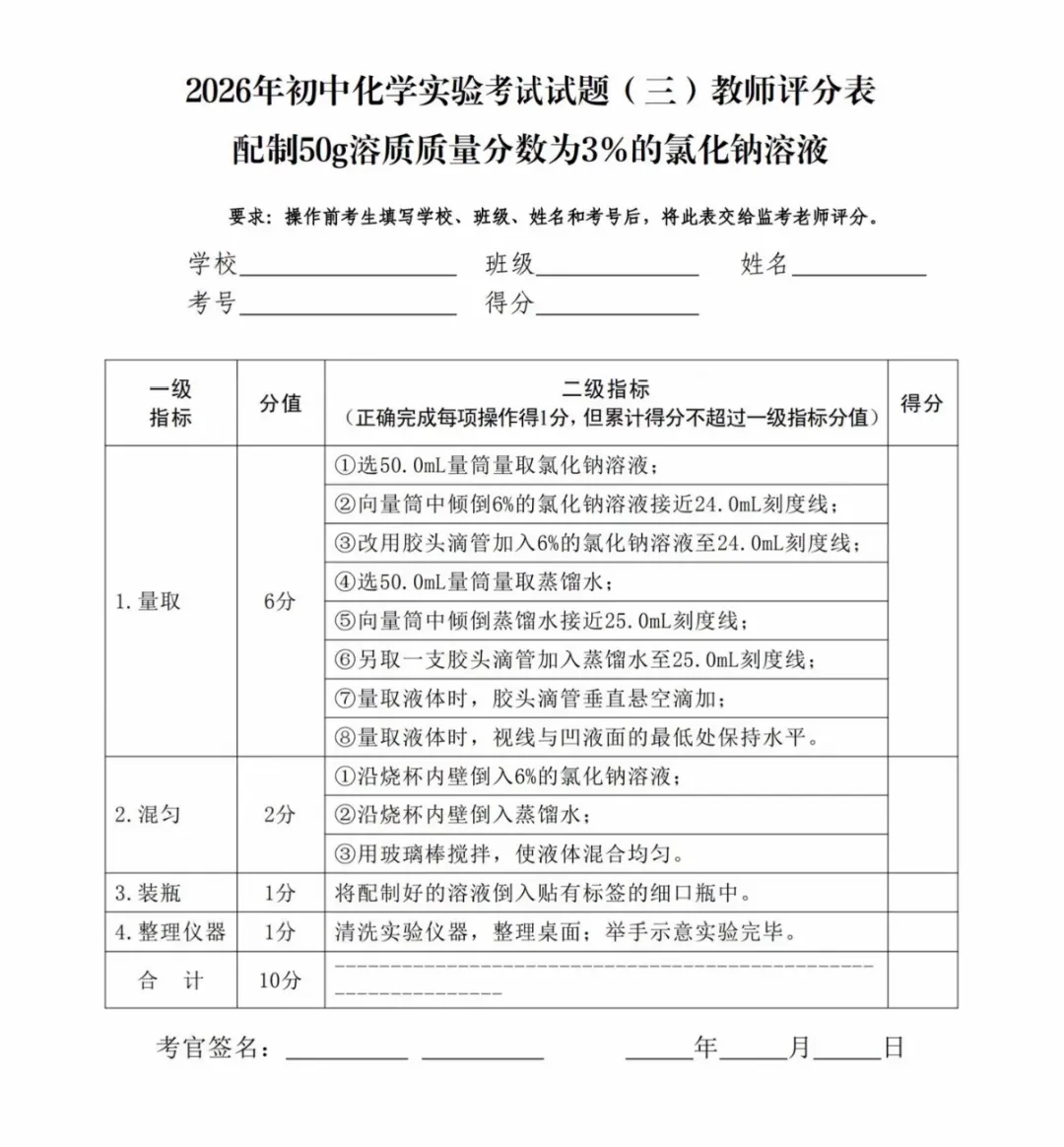 中山市2026年中考(体育及物化生实验操作)变化与评分标准-第28张图片-四季读书网