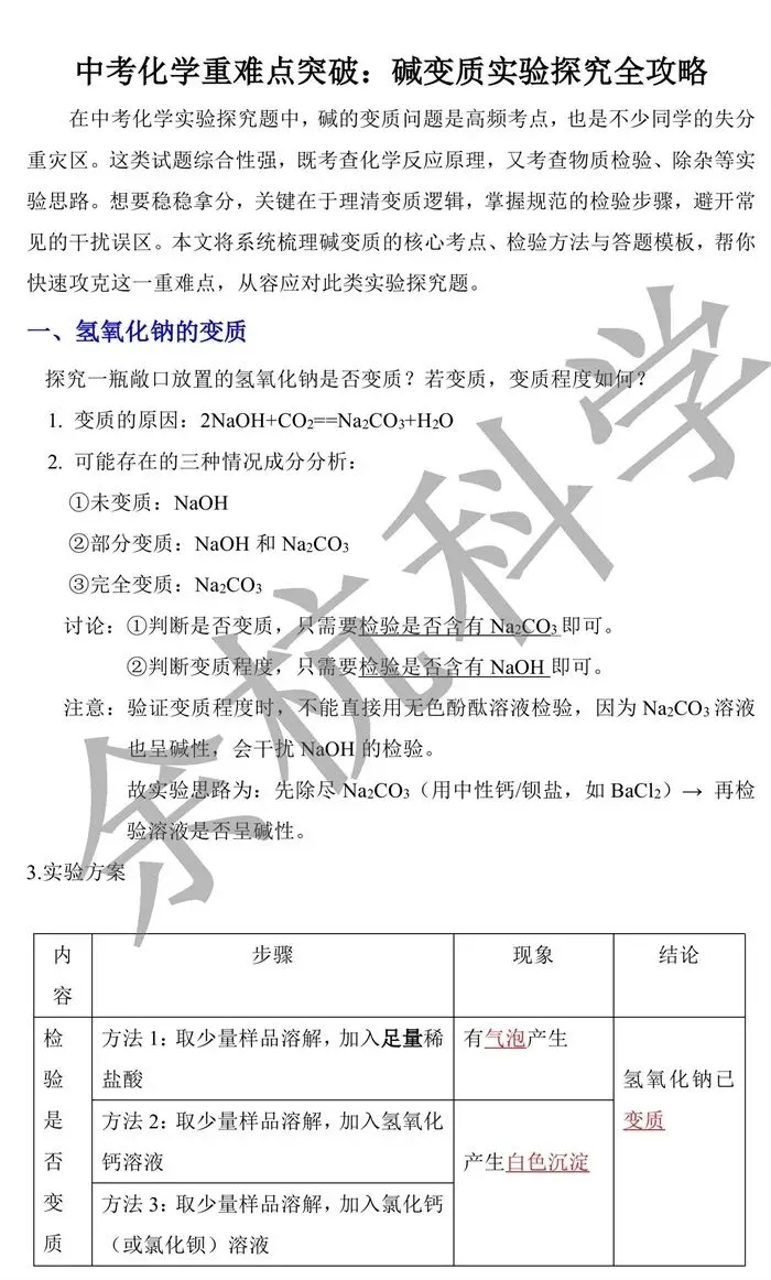 中考化学重难点突破:碱变质实验探究全攻略(电子版可下载打印)-第3张图片-四季读书网