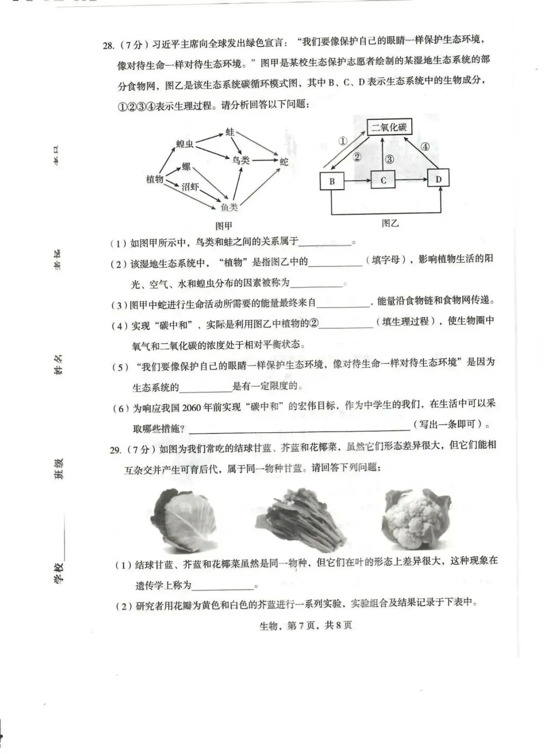 2026年正定县八年级生物一模试卷-第7张图片-四季读书网