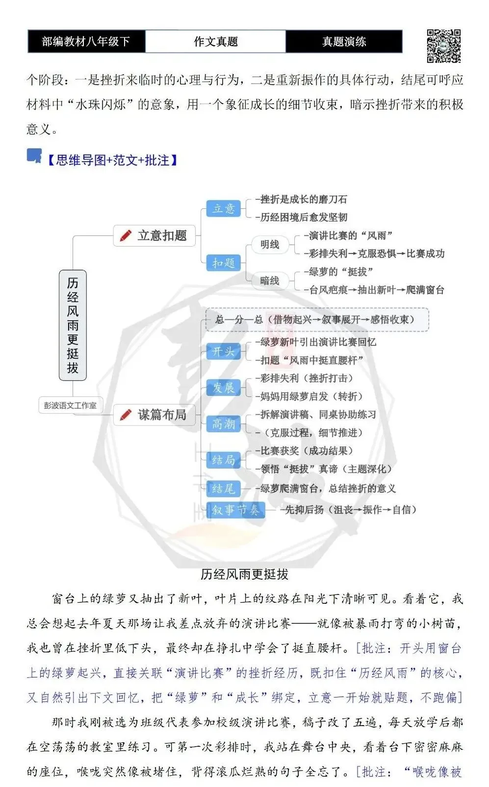 【作文-真题演练】八年级下-32-历经风雨更挺拔-思维导图+解析+范文批注指导-第6张图片-四季读书网