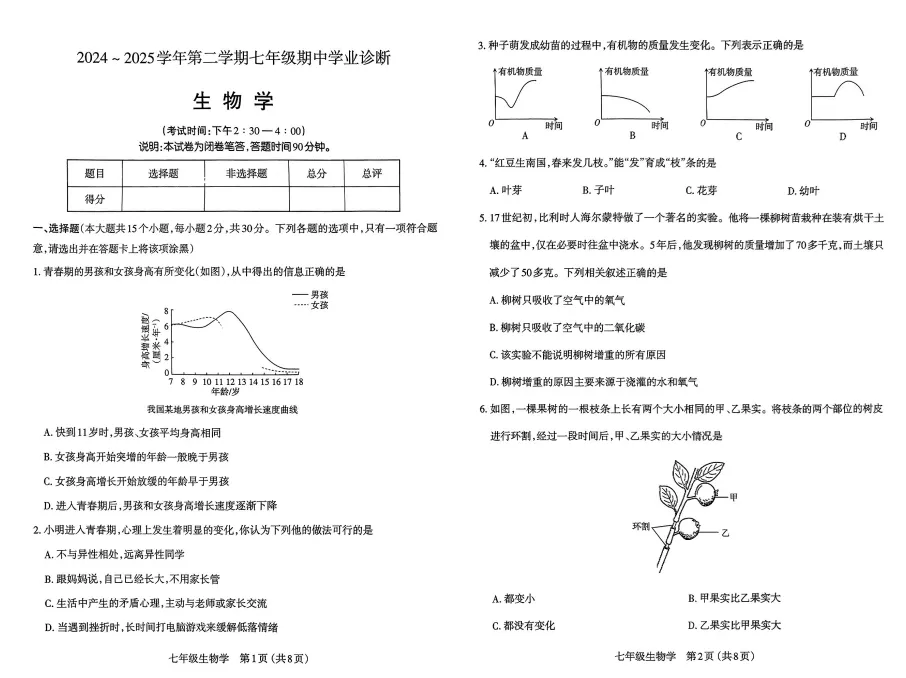 期中真题 | 初一&初二 | 太原2024-2025学年第二学期期中试卷+答案-第7张图片-四季读书网