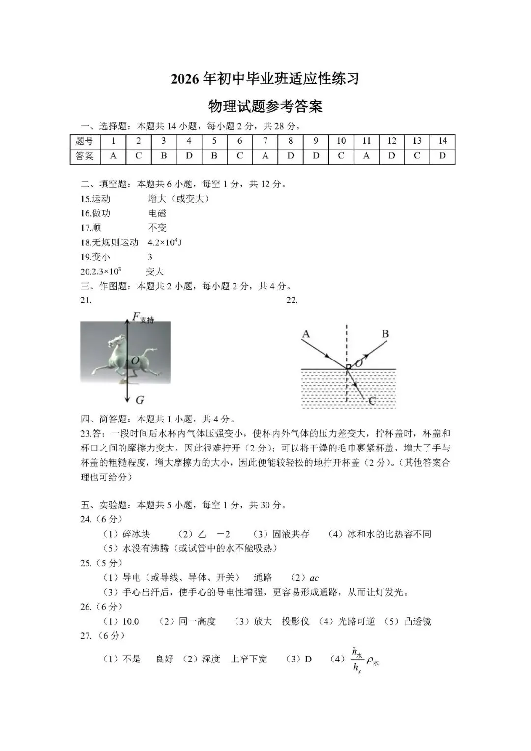 2026初三 漳州一检 物理适应性练习试卷及答案 第12张