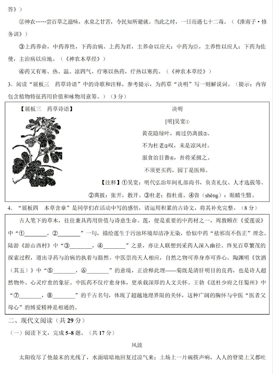 郑州枫杨外国语九年级语文模拟试卷(含答案)-第2张图片-四季读书网