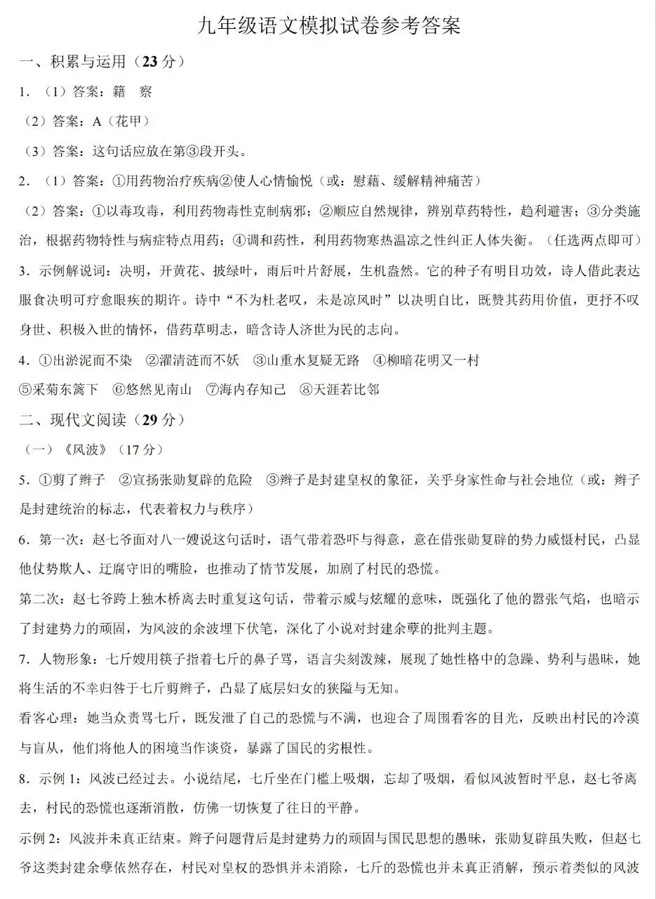 郑州枫杨外国语九年级语文模拟试卷(含答案)-第9张图片-四季读书网