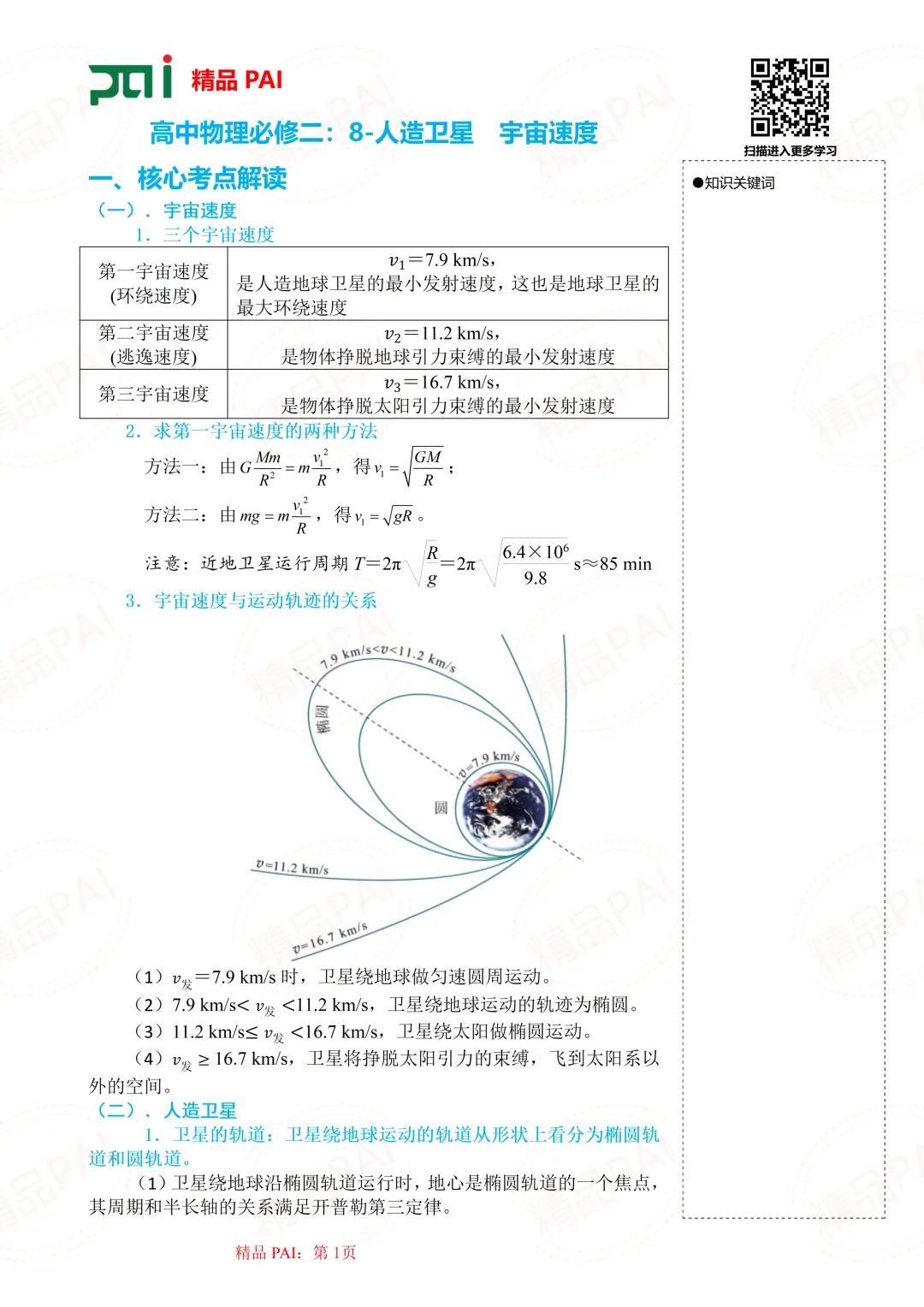高中物理考点全析与经典真题---必修二:8.人造卫星 宇宙速度-第2张图片-四季读书网