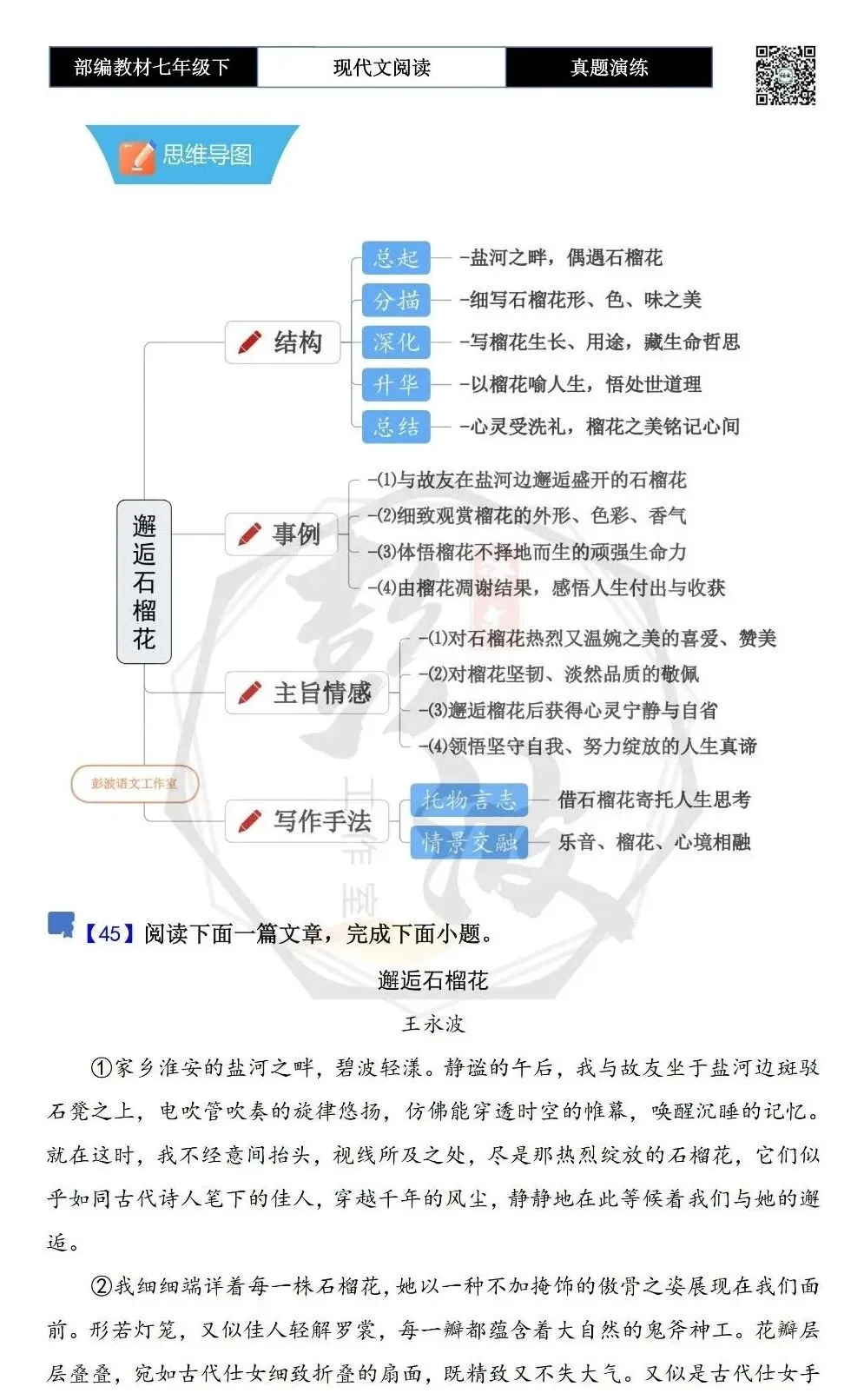 【现代文阅读-真题演练】七年级下-45-邂逅石榴花-思维导图+试题精析-第5张图片-四季读书网