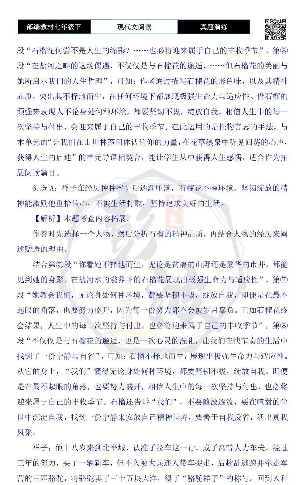 【现代文阅读-真题演练】七年级下-45-邂逅石榴花-思维导图+试题精析-第11张图片-四季读书网