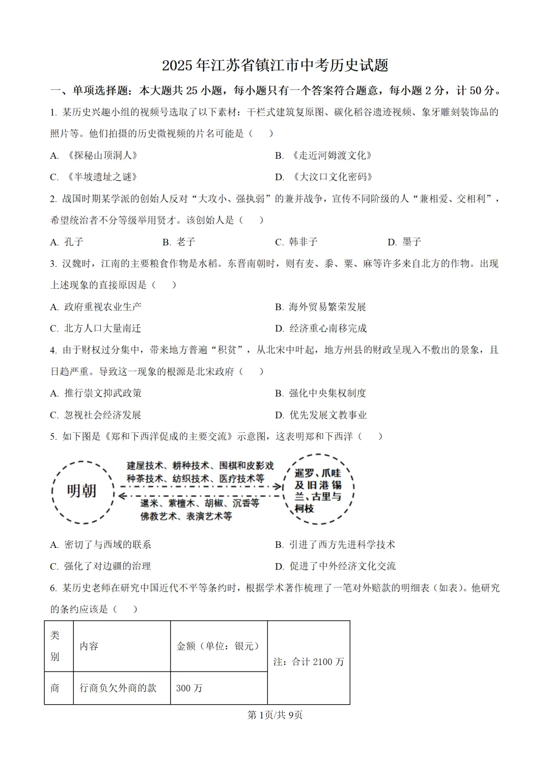 历年中考历史真题分享:2025年江苏省镇江市中考历史真题试卷(原卷版+解析版)-第1张图片-四季读书网