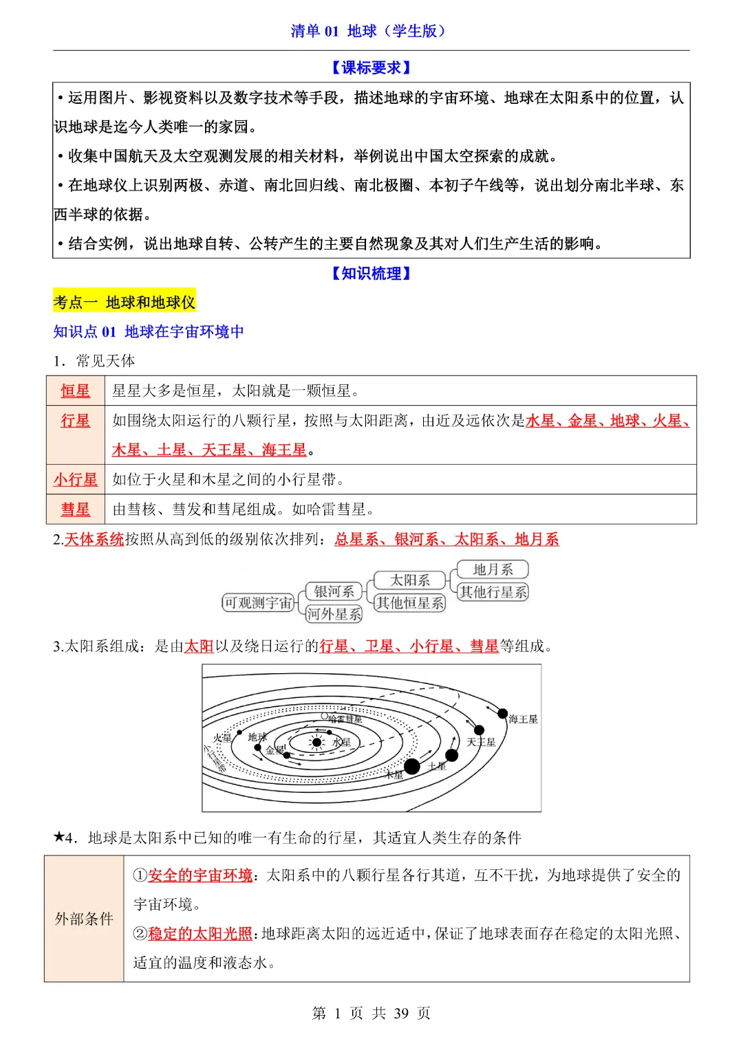 【2026新八年级下册地理人教版】中考地理复习《清单01地球知识梳理+经典例题带答案》|完整高清电子版可打印-第1张图片-四季读书网