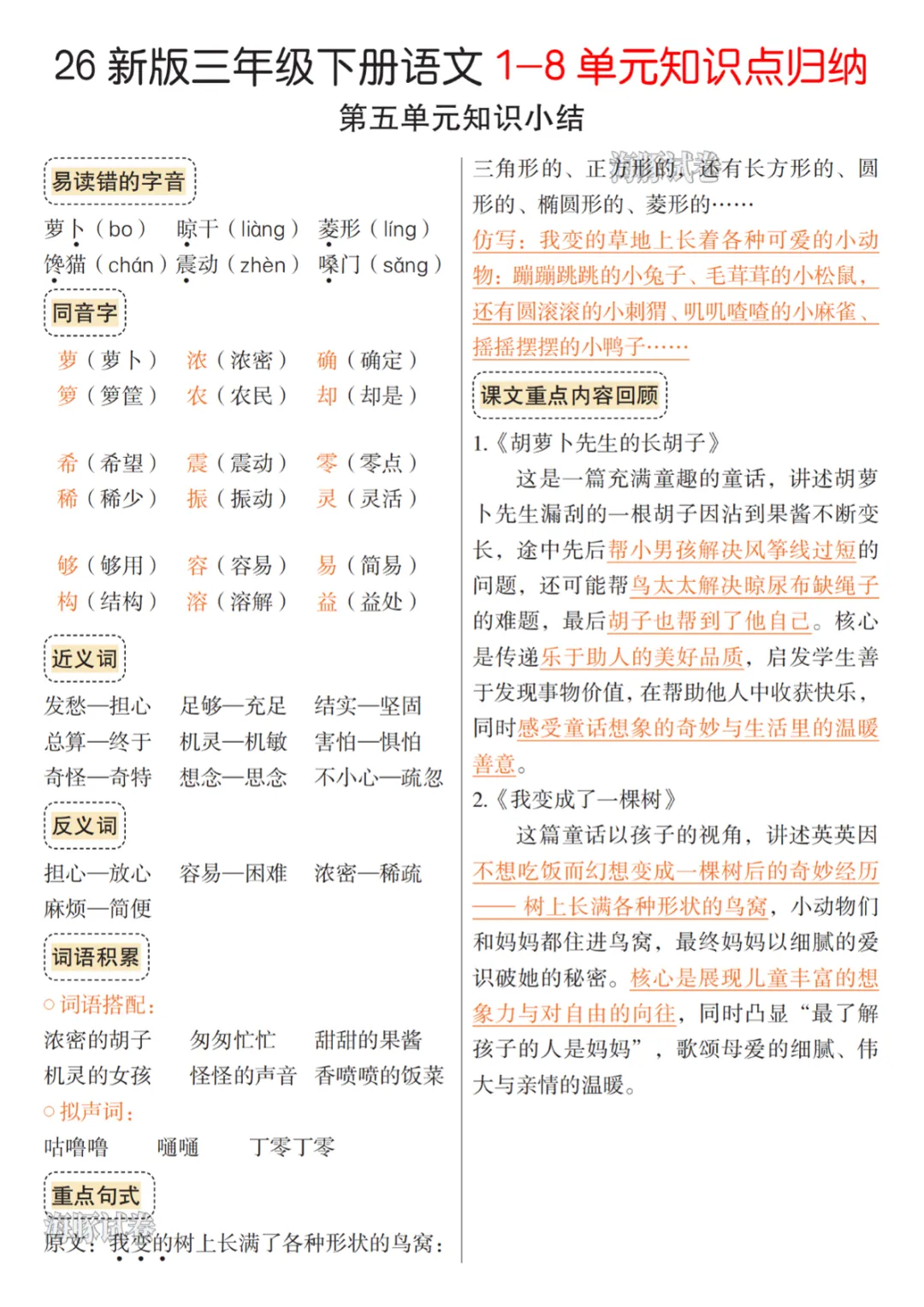 【免费下载】【海豚试卷】26新版三年级(下)语文5-8单元知识点归纳,PDF电子版,共7页,先保存,以免资源失效 第1张 【免费下载】【海豚试卷】26新版三年级(下)语文5-8单元知识点归纳,PDF电子版,共7页,先保存,以免资源失效 第1张
