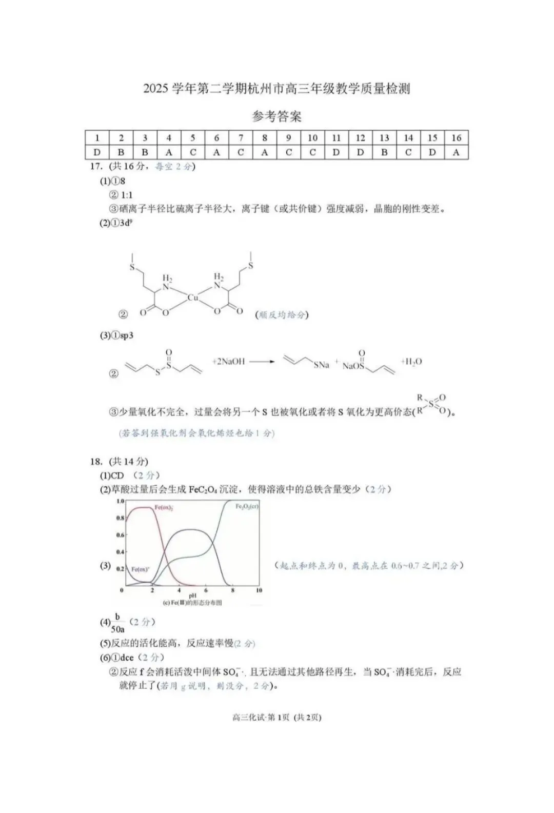 2026年杭州市高三二模化学试卷和参考答案-第9张图片-四季读书网