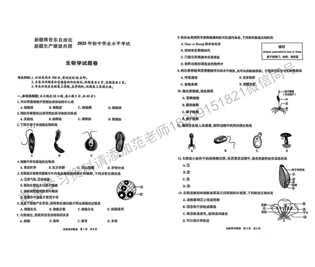 2025年(中考真题)新疆自治区/生产建设兵团初中学业水平考试生物试卷附答案解析 第1张
