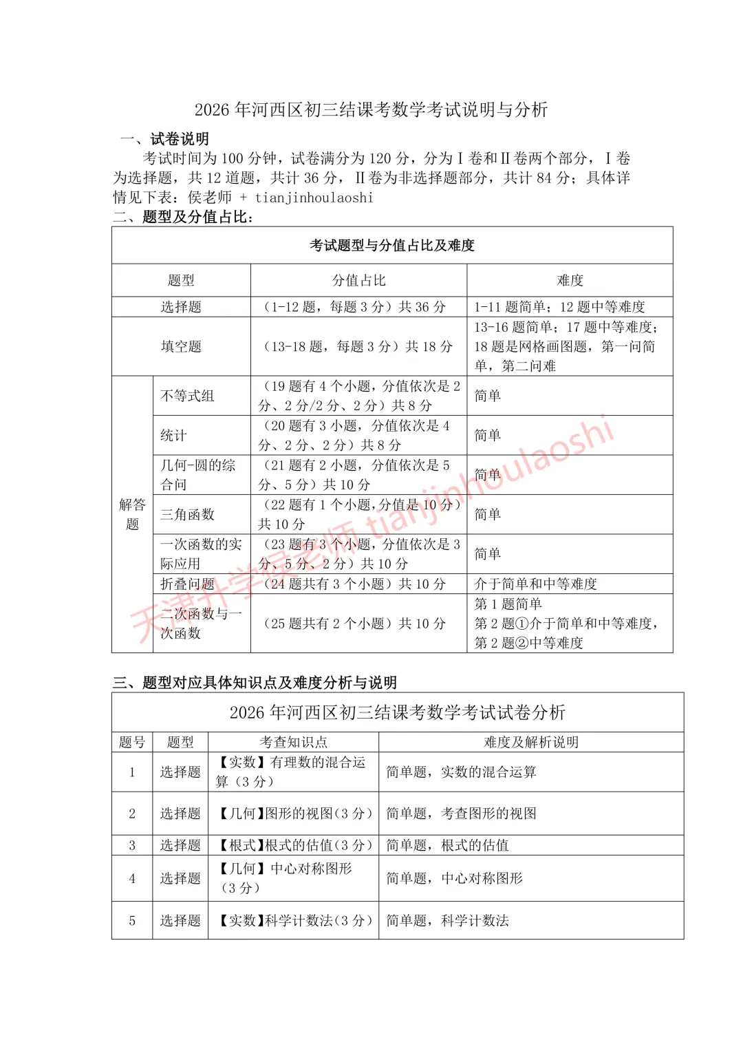 试卷分析:2025-2026学年天津河西区初三结课考(语数英物化历6科)丨附近3年初三结课考一模二模真题 第5张
