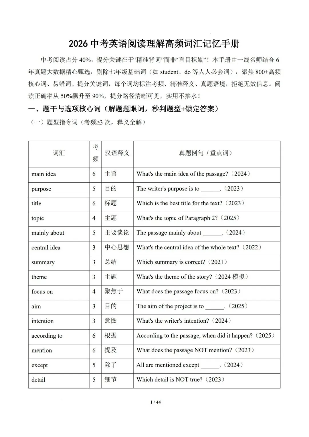 2026中考英语阅读理解高频词汇记忆手册(完整版)(电子版可打印) 第2张
