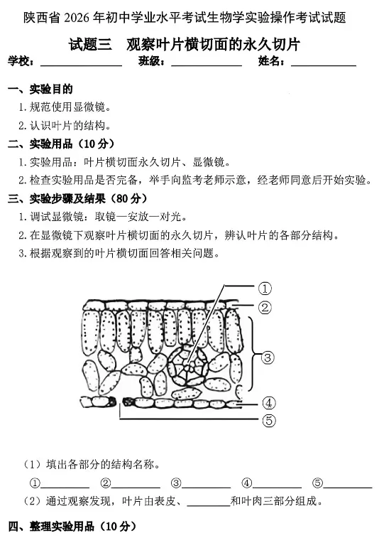 2026陕西中考物理、化学、生物实验操作试题及评分细则! 第21张 2026陕西中考物理、化学、生物实验操作试题及评分细则! 第21张