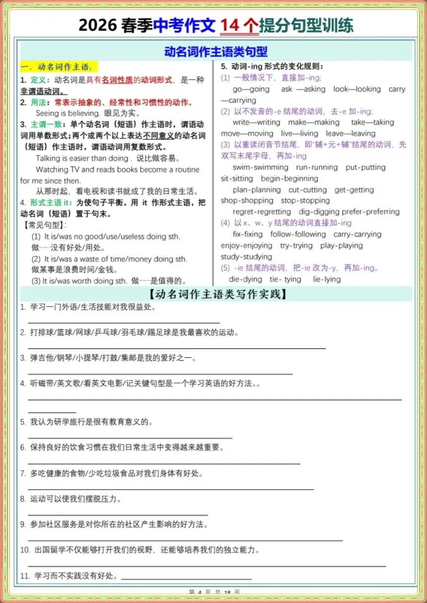 2026年春季中考作文14个提分句型训练 第8张