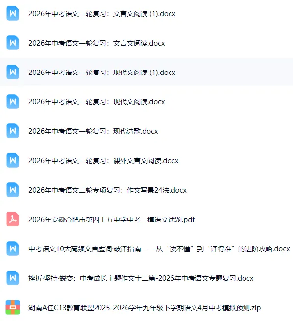 中考语文各地试卷与讲义(每周一更新请订阅保存)4.13中考一轮复习文言文阅读现代文阅读现代诗歌主题作文文言虚词句子默写整本书阅读 第1张