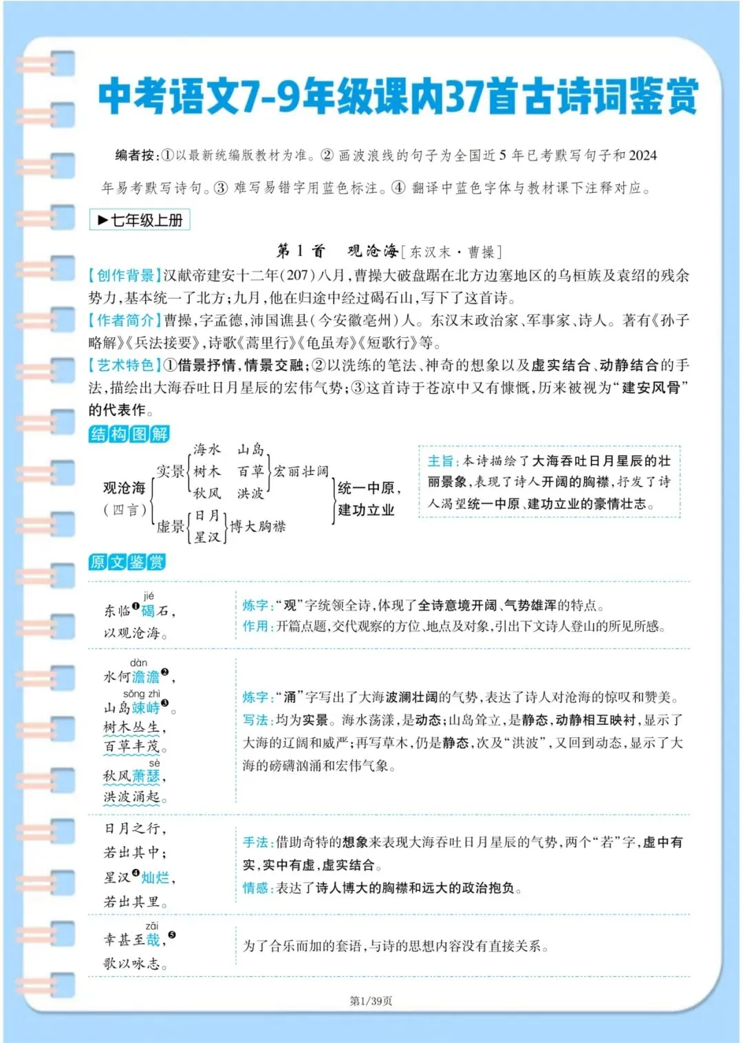 中考语文古诗词满分攻略:7-9年级37首原文+译文+主旨+手法一次性整理 第1张