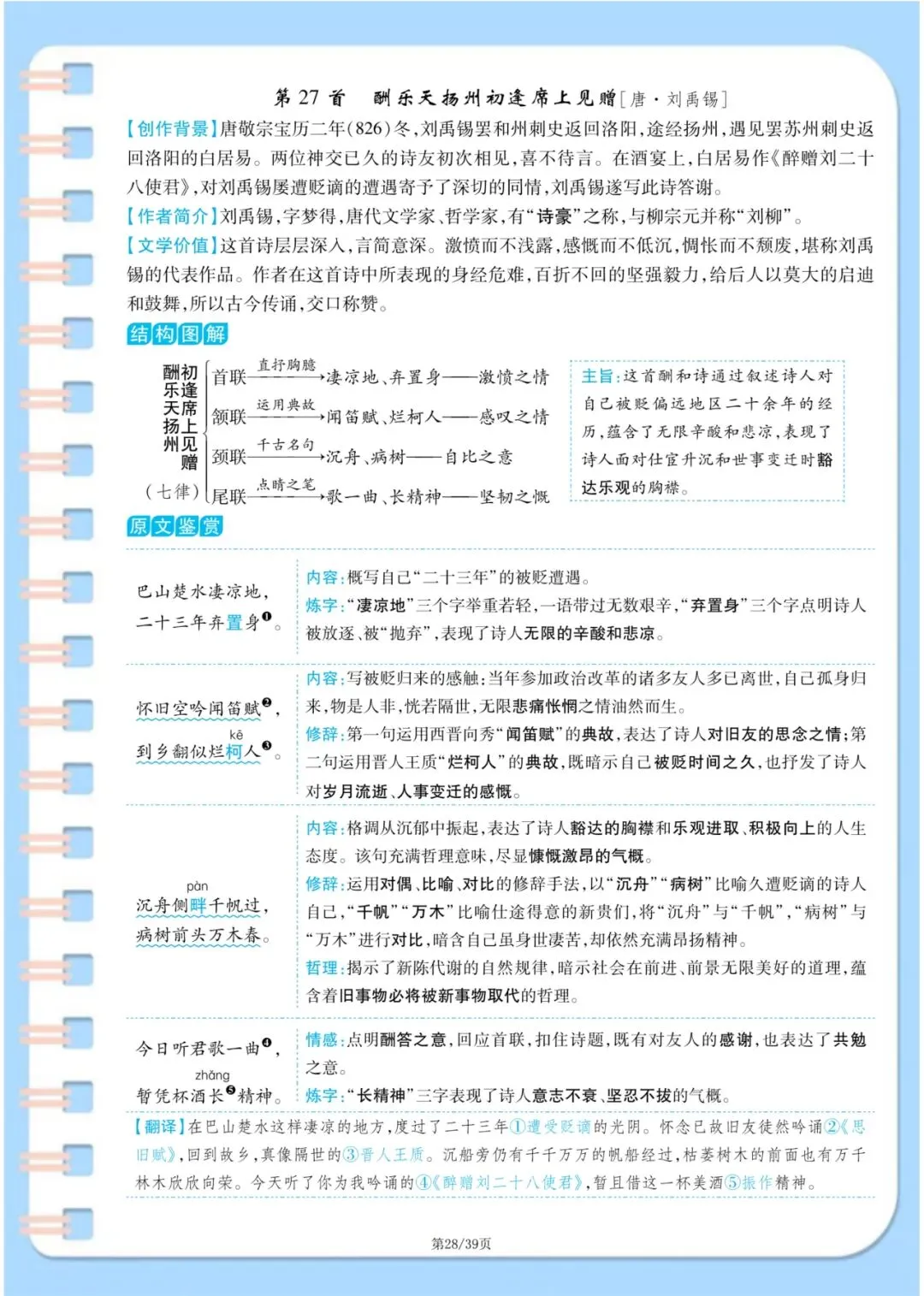 中考语文古诗词满分攻略:7-9年级37首原文+译文+主旨+手法一次性整理 第28张