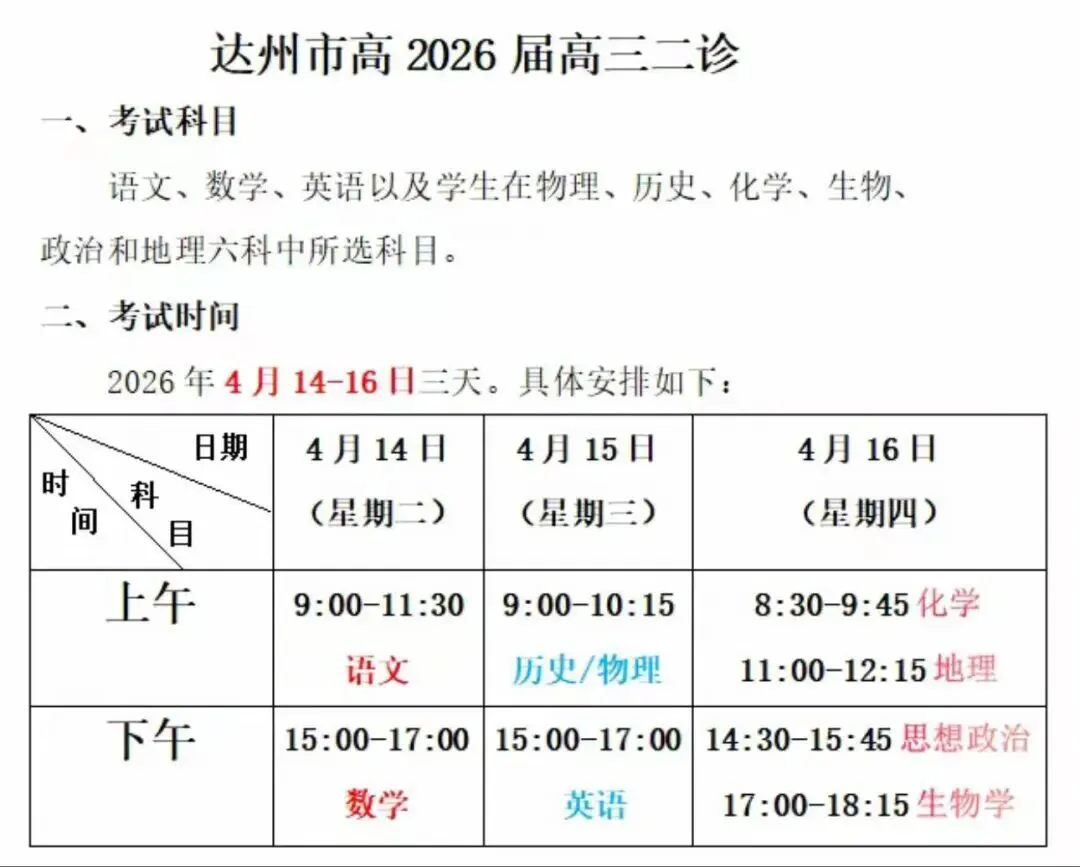 【试卷+答案】【达州二诊】4月15日达州二诊暨达州市2026届高三第二次诊断全科及答案汇总 第1张