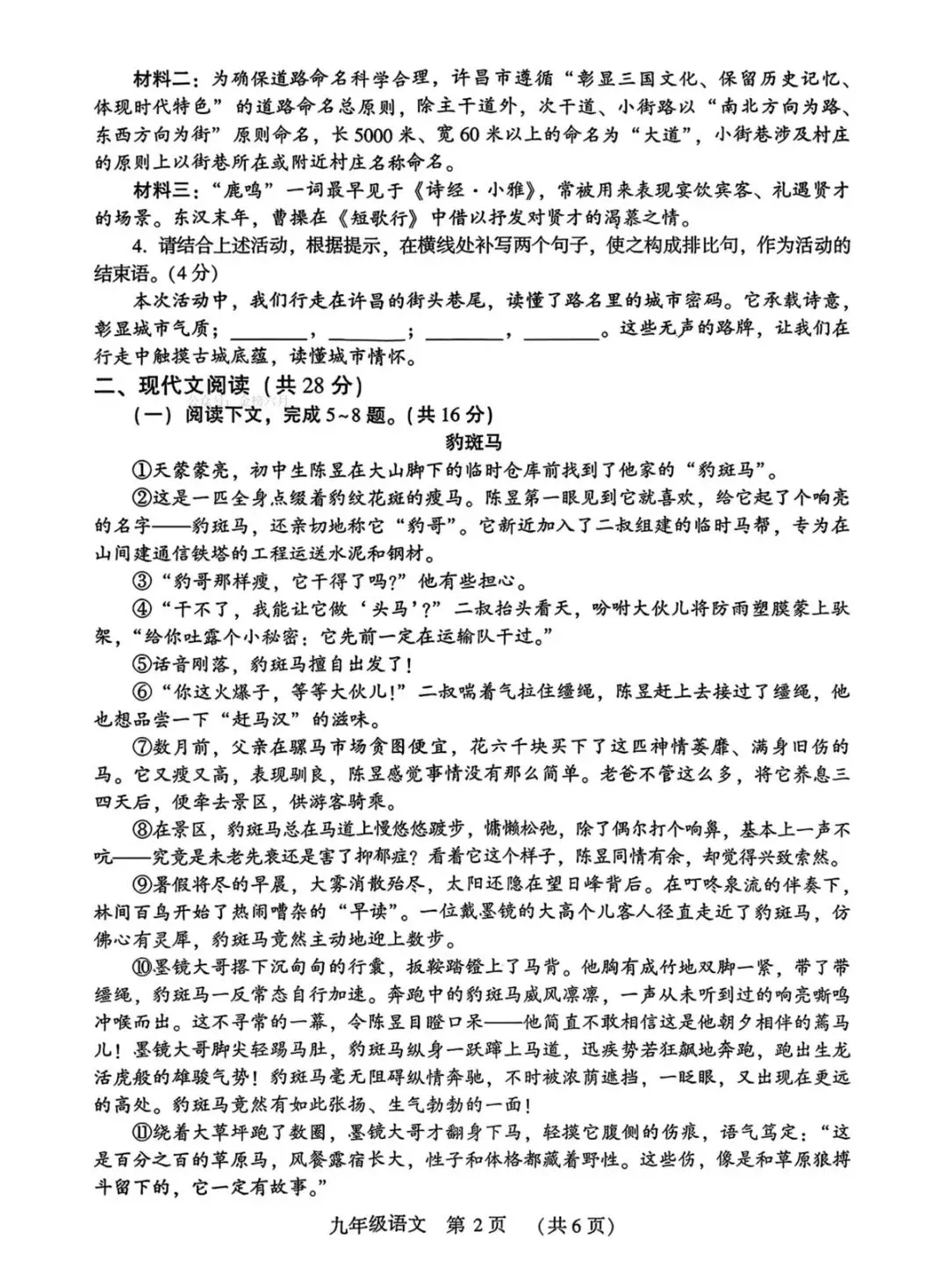 2026年许昌市中考一模(语文)试卷及答案 第5张