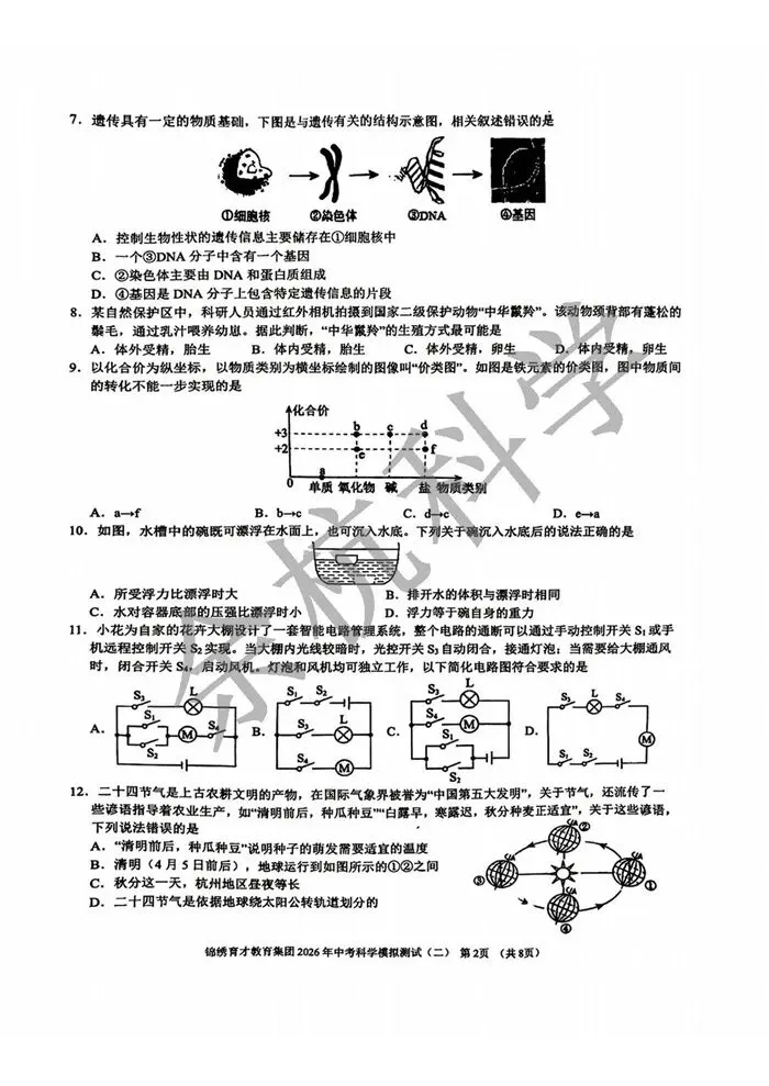 【中考模拟】2026.4杭州锦绣育才二模科学试卷(含答案) 第7张