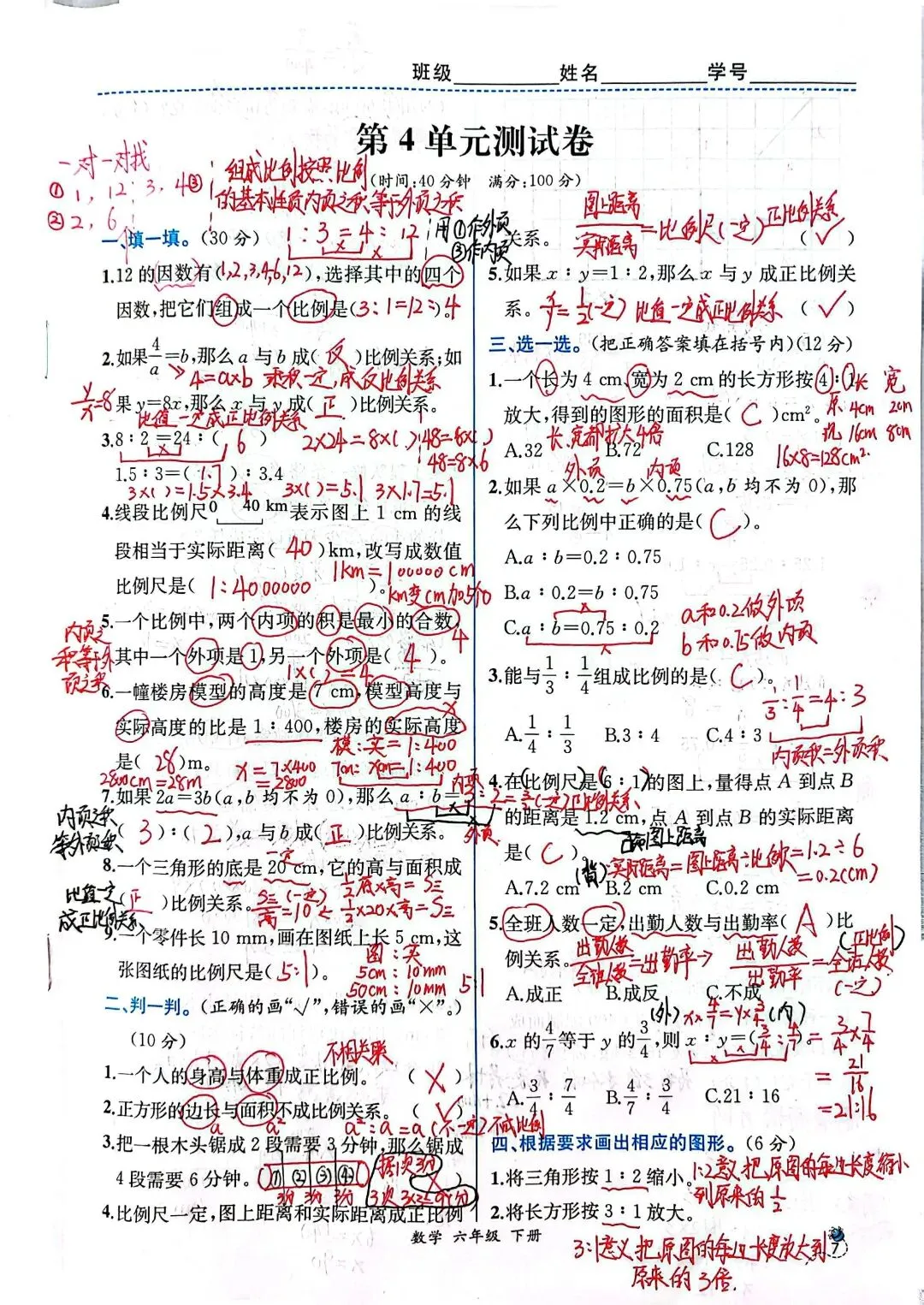 六年级下册数学第四单元试卷+答案(易懂) 第1张