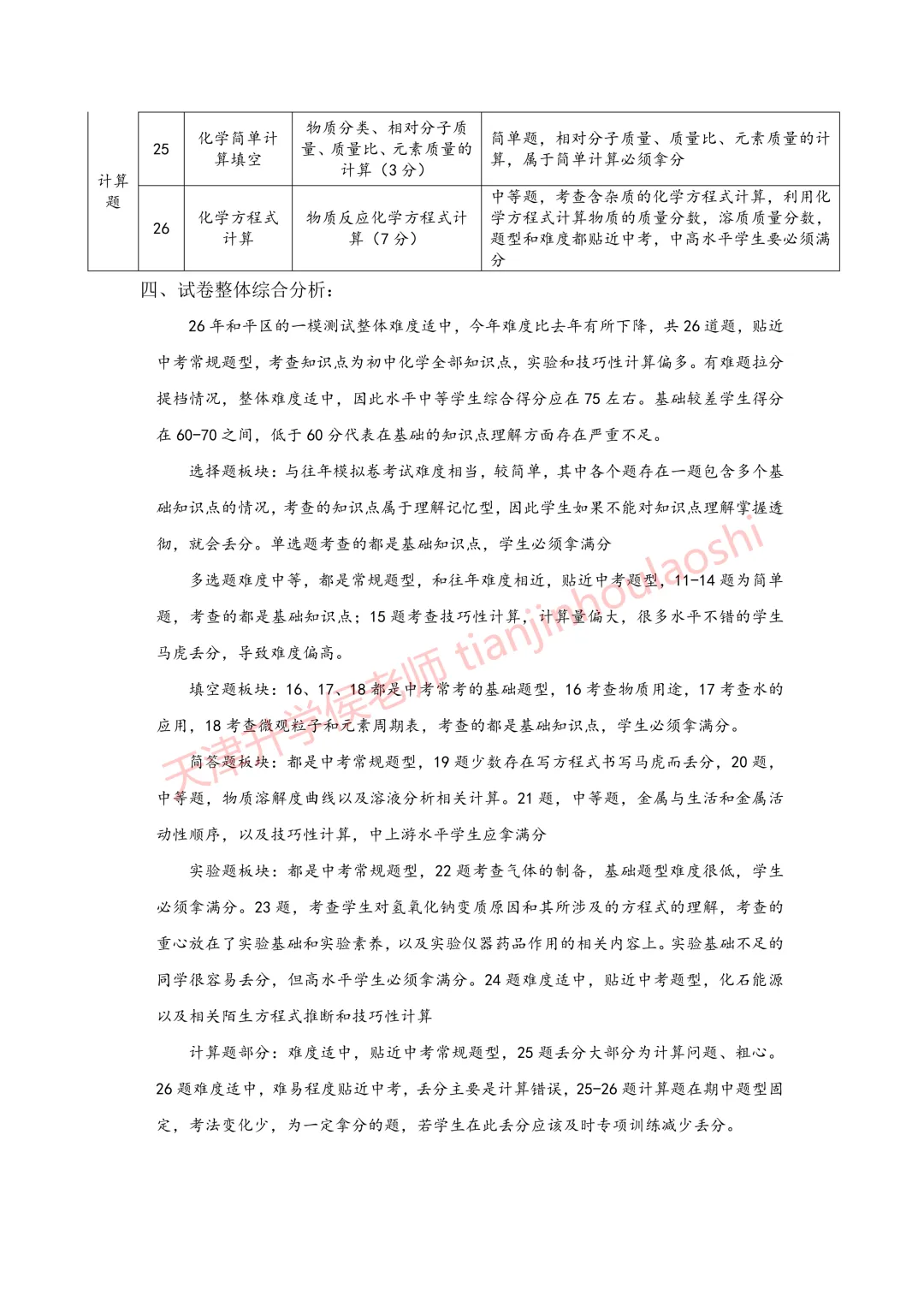 试卷分析:2025-2026学年天津和平区初三一模(语数化历4科)丨附近3年初三结课考一模二模真题 第7张