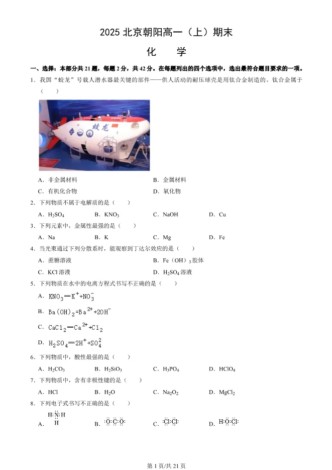 2025北京朝阳高一上册期末化学试卷(有答案)【可下载】 第1张