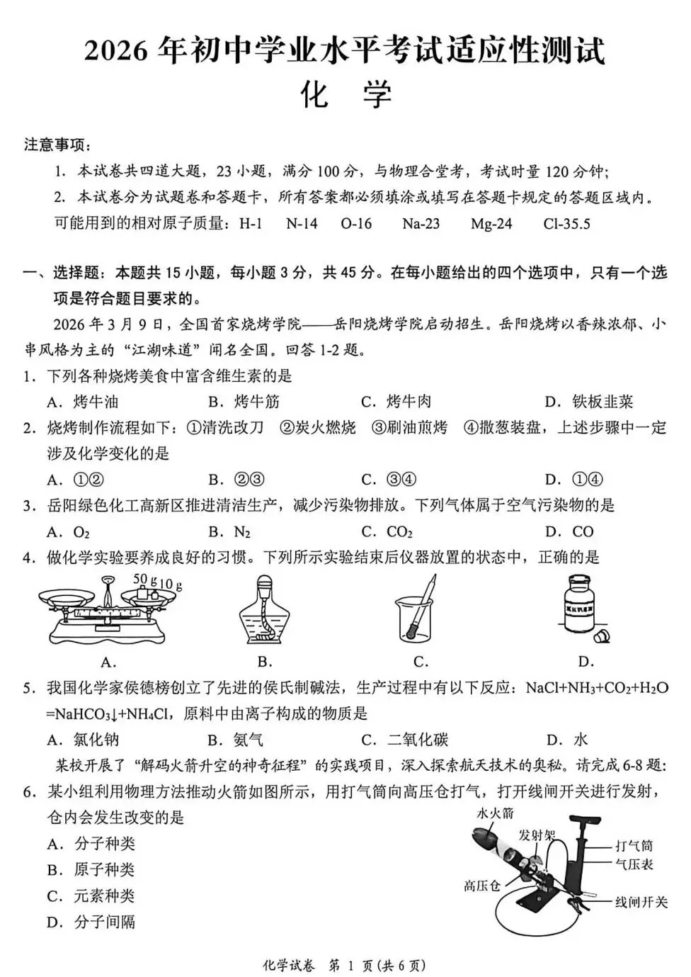 2026年湖南中考适应性测试化学卷(岳阳临湘) 第2张 2026年湖南中考适应性测试化学卷(岳阳临湘) 第2张