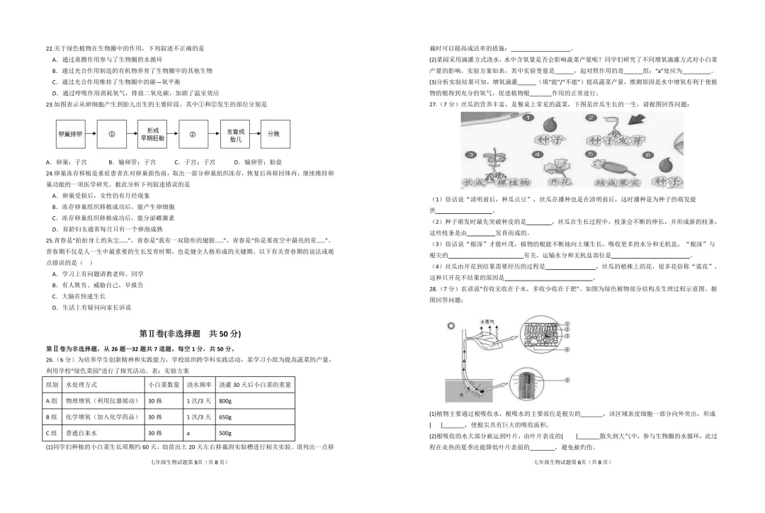 期中真题-2025 年临沂河东区初一下学期期中生物试题(完整版 + 答案) 第6张 期中真题-2025 年临沂河东区初一下学期期中生物试题(完整版 + 答案) 第6张