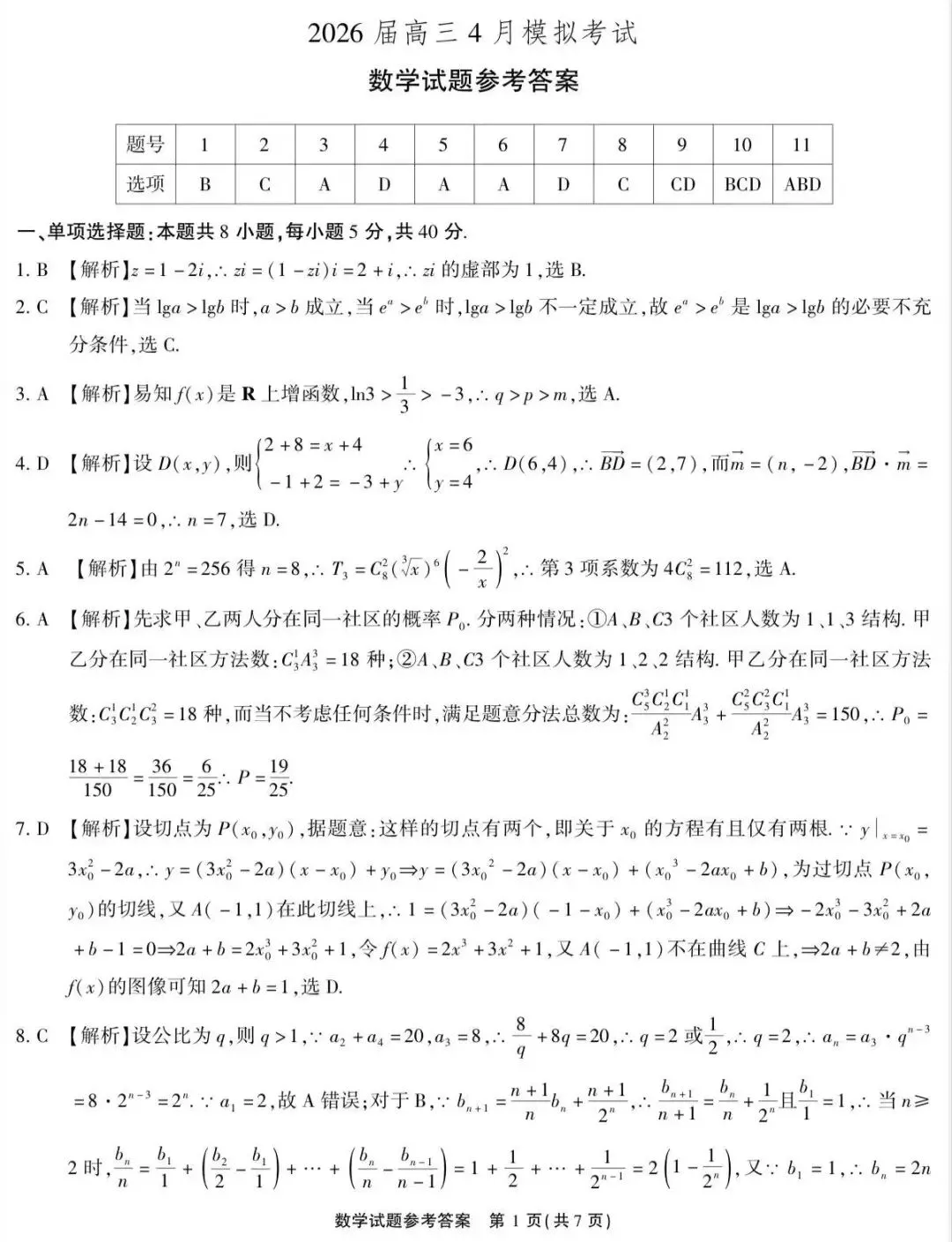 2026届高三4月模拟考试数学试题参考答案 第1张 2026届高三4月模拟考试数学试题参考答案 第1张